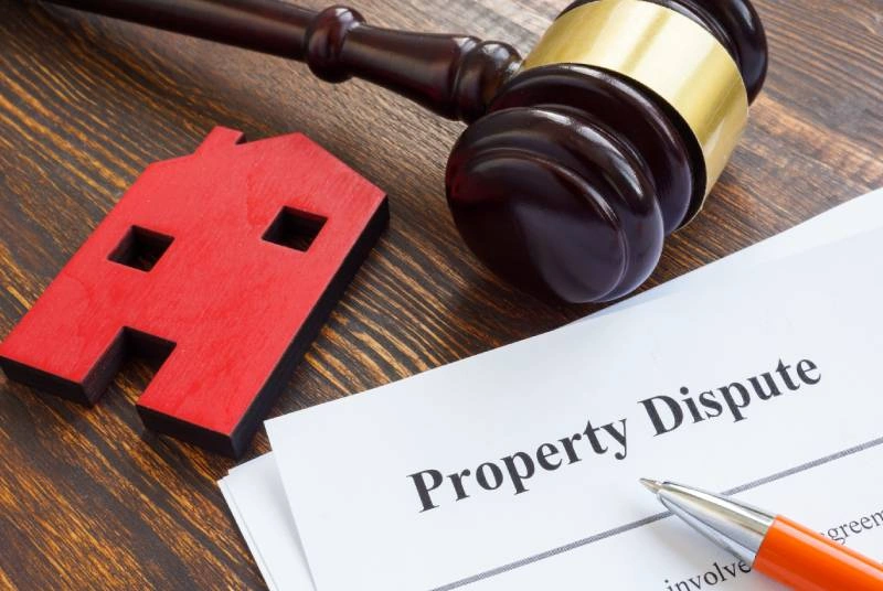 Property dispute document with gavel and red house model, concept of real estate litigation and legal conflict over property ownership