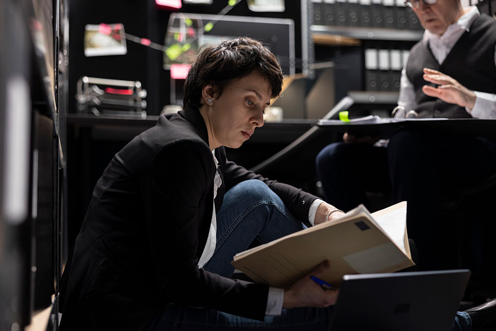 Person reviewing case files and evidence folders, representing expert review of records before testimony