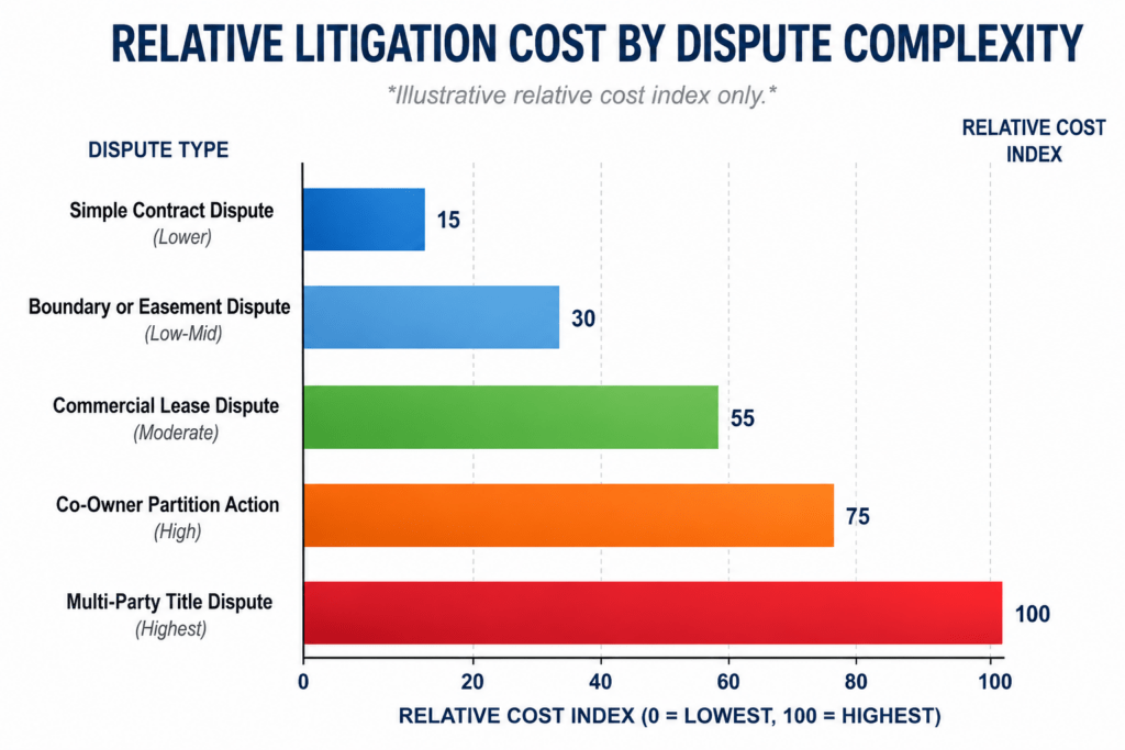 Relative litigation cost based on dispute type.