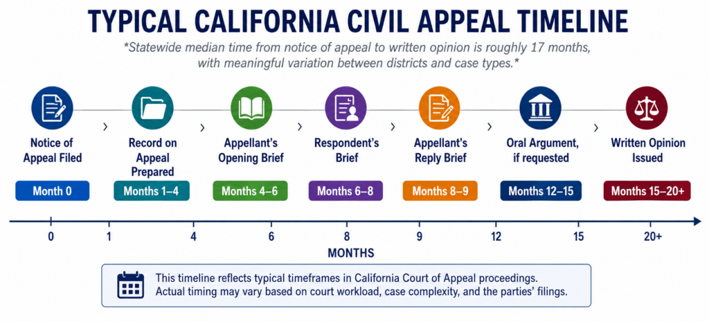 California civil appeal timeline from notice of appeal through written opinion