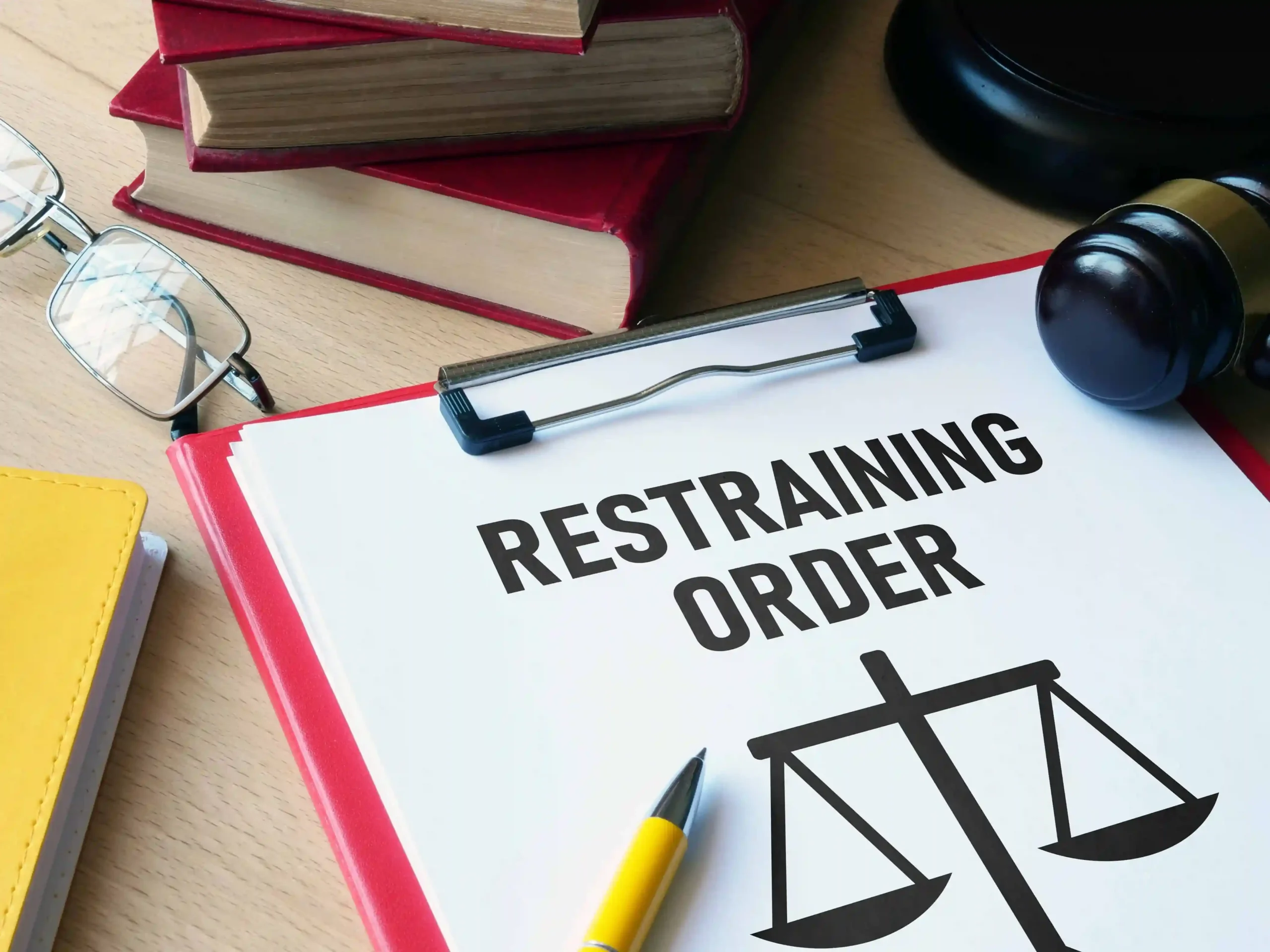 Restraining order document on clipboard with gavel and law books, representing court-issued protection order and legal action.